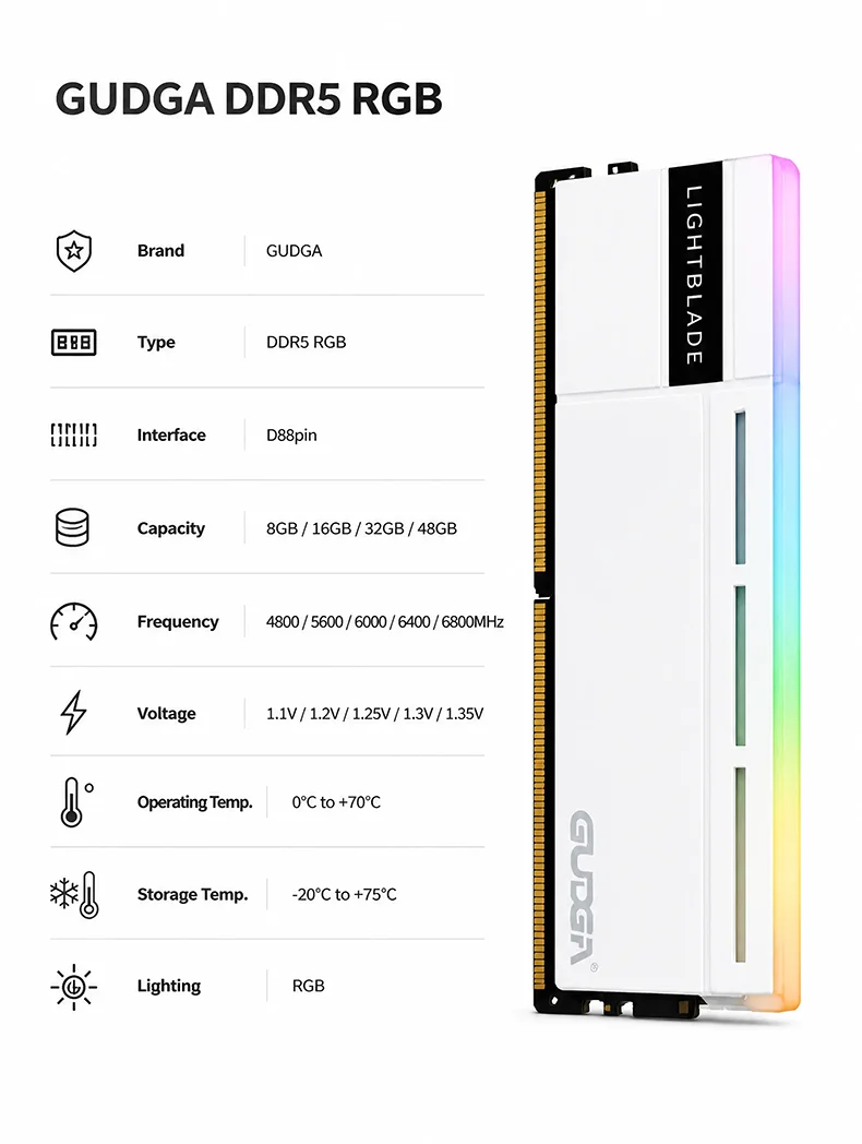 DDR5 RGB UDIMM RAM Non-ECC Heatsink Desktop Memory Module